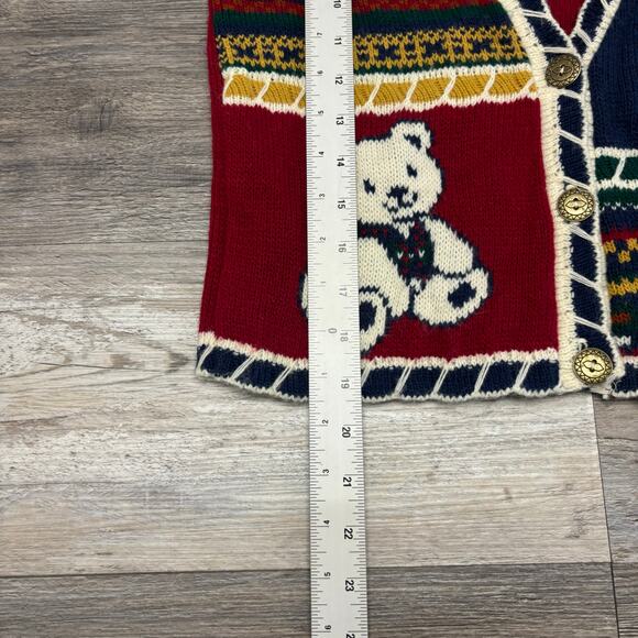 Vintage 80s 90s Heartworks Teddy Bear Red Girls M Acrylic Knit USA Made Cardigan - Picture 8 of 9